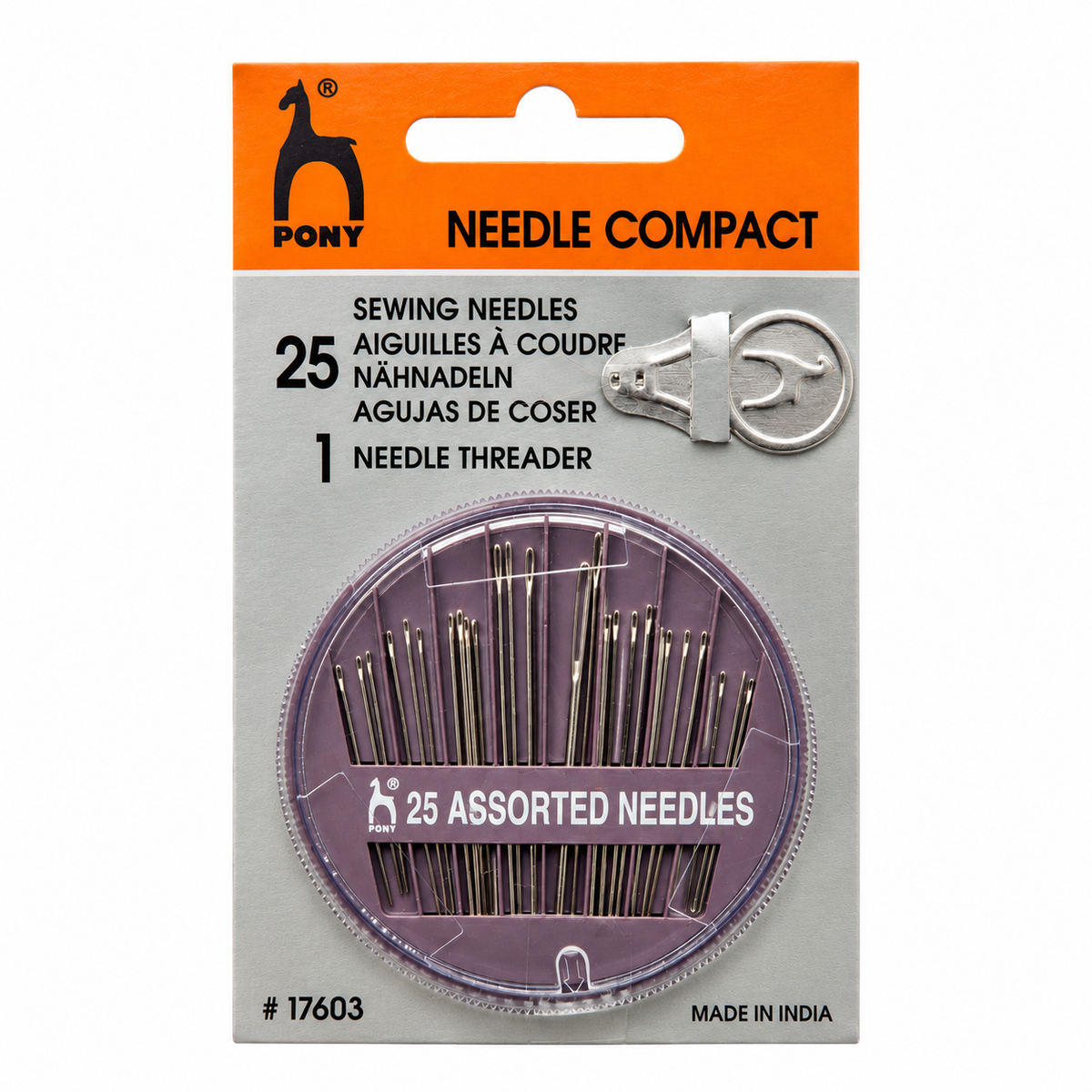 PONY Needle Compact – 25 Assorted Sewing Needles with Needle Threader