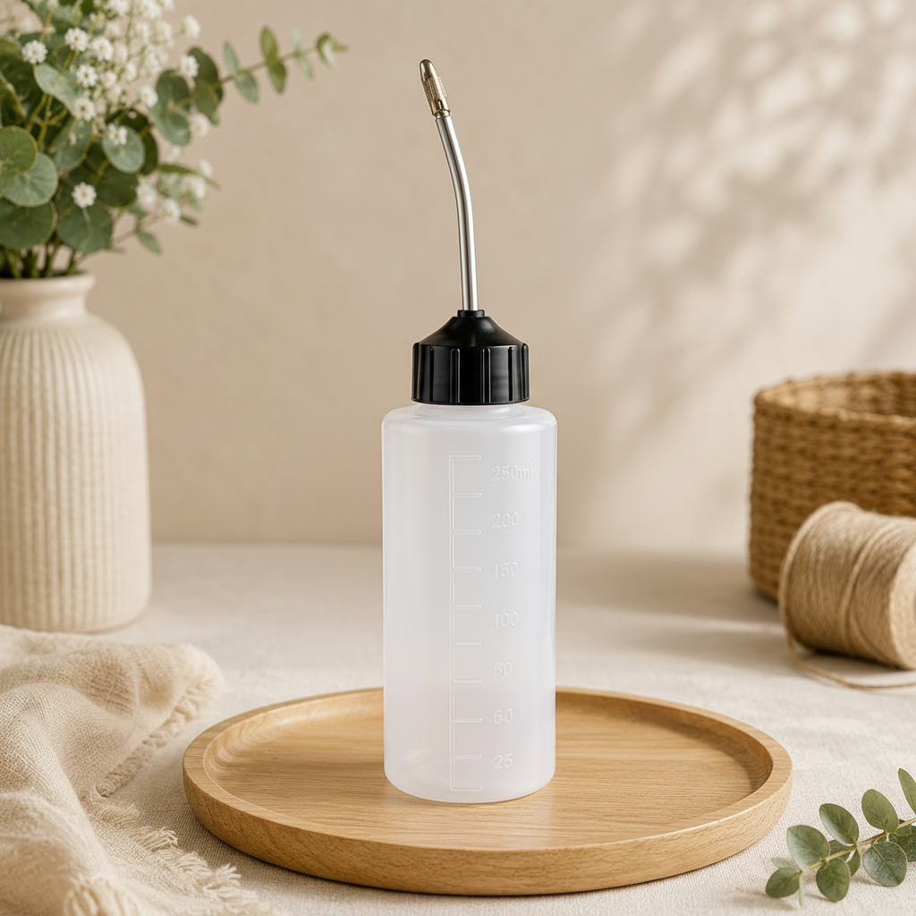 Two translucent white plastic squeeze bottles with black caps and metal spouts, displayed on a round wooden tray in a styled home setting.