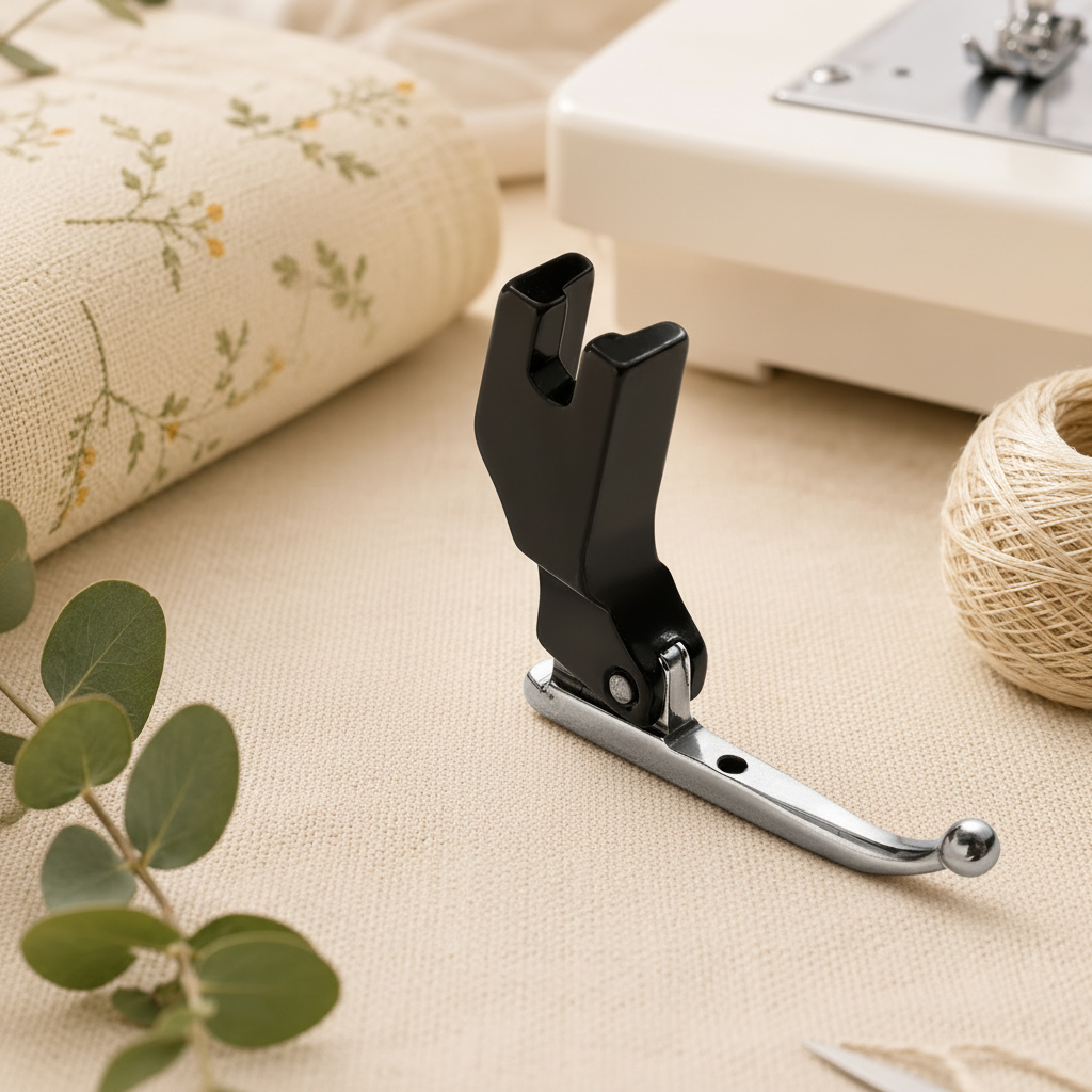 Two black and silver sewing machine presser foot attachments placed on a beige fabric surface, with a sewing machine, thread spool, and fabric roll in the background.