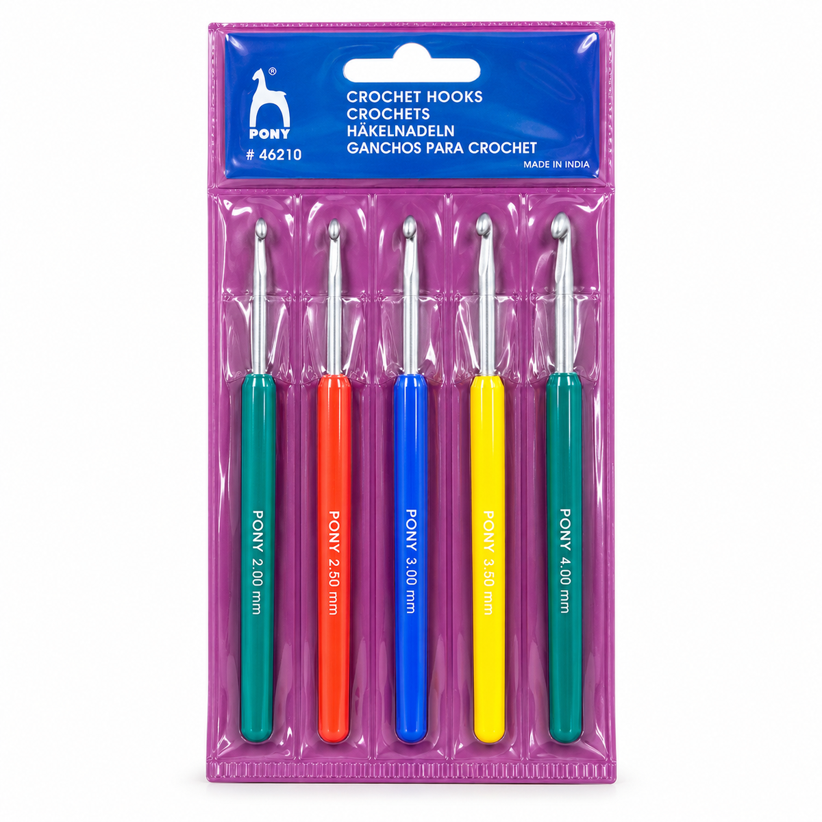 PONY Crochet Hook Set of 5 – Aluminium Hooks with Colourful Plastic Handles | 2mm–4mm
