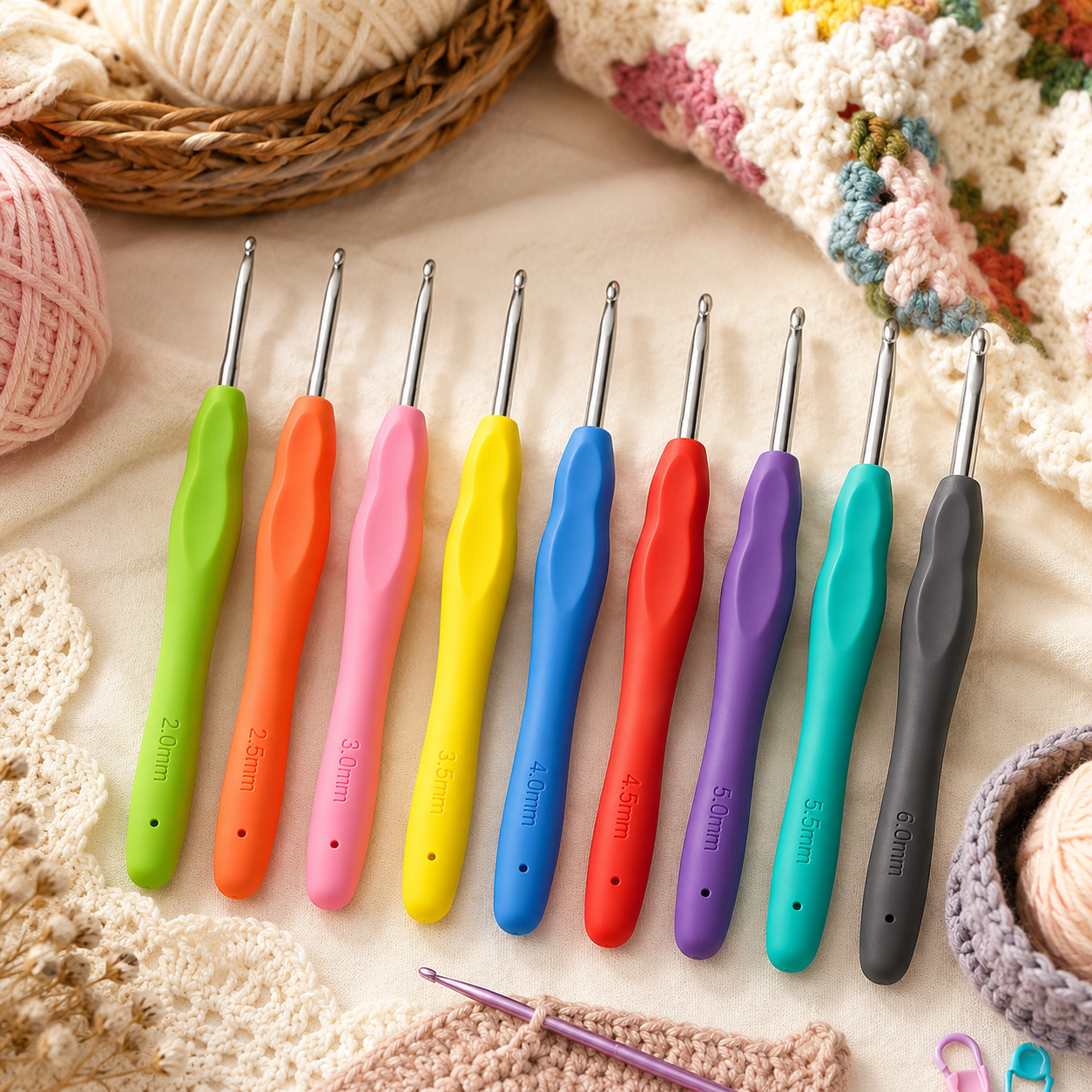 Aluminium Crochet Hook Set with Rubber Handles – Ergonomic Crochet Needles 2.0mm to 6.0mm