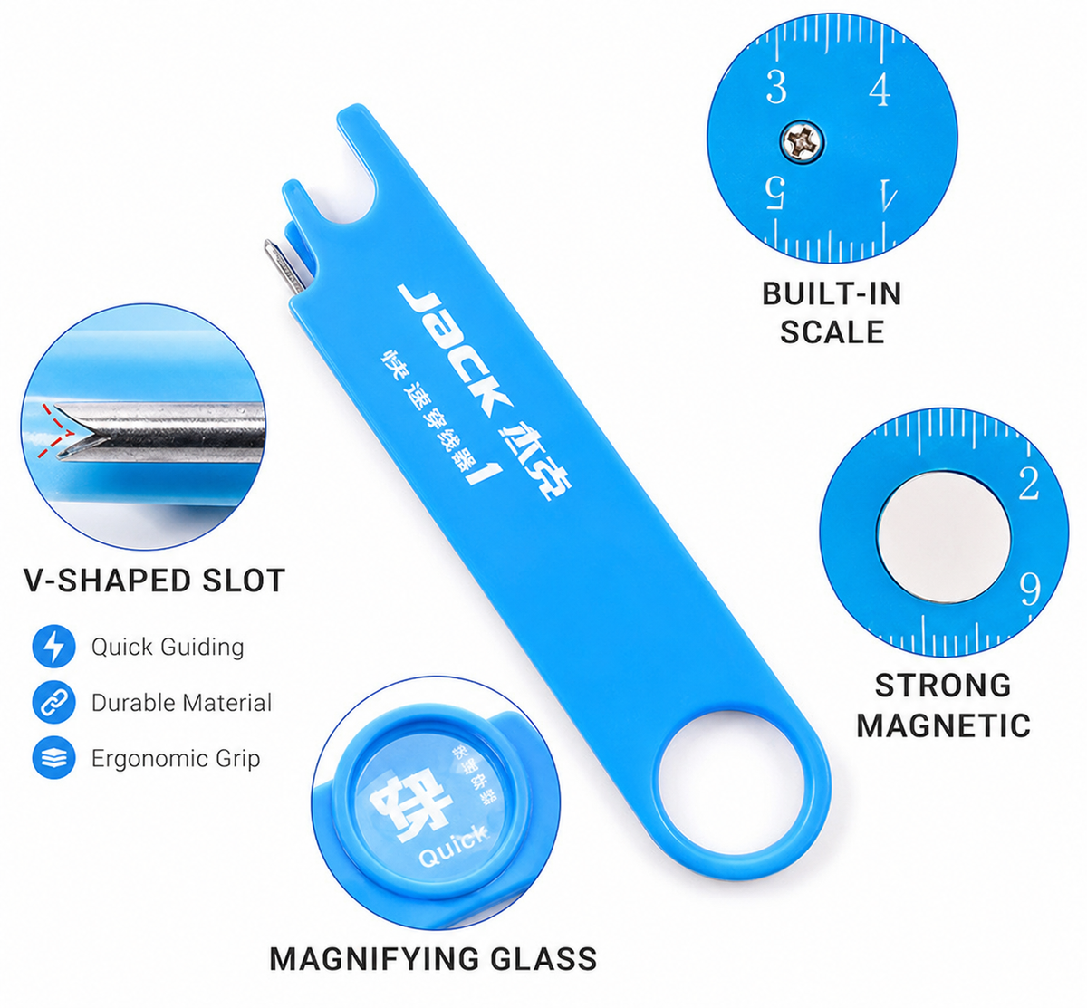 JACK Quick Threading Device – 3-in-1 Sewing Machine Needle Threader with Magnifier, Ruler & Magnetic Storage