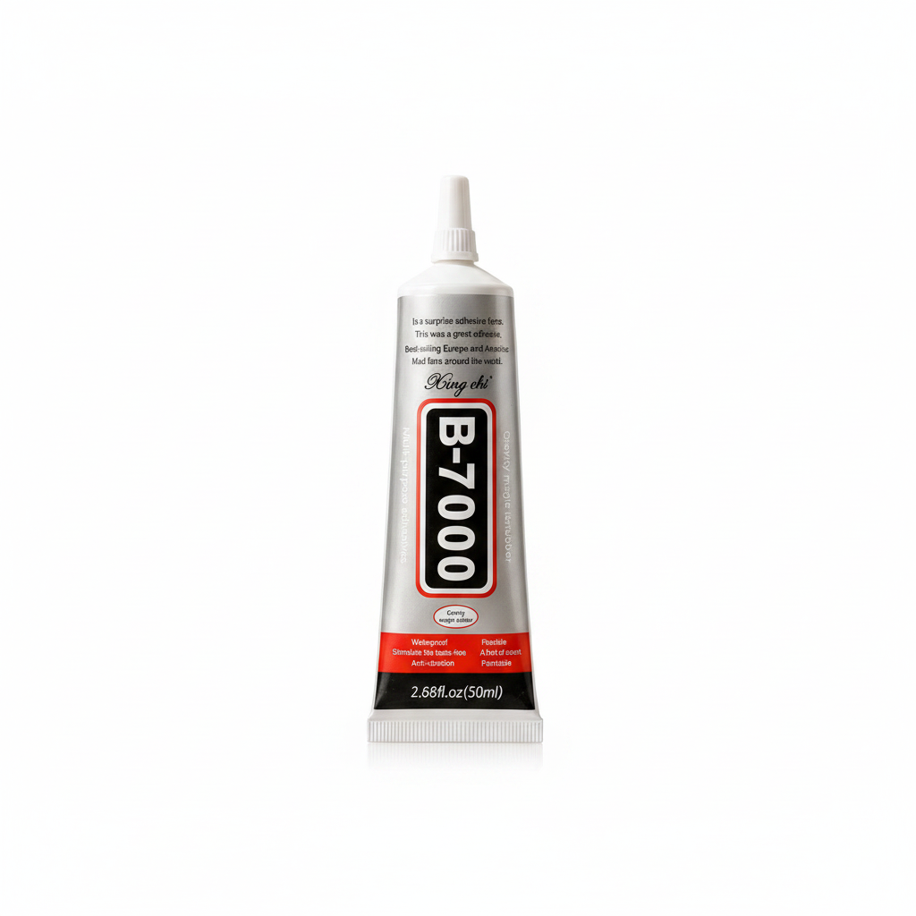 Three squeeze tubes of King shi B-7000 adhesive in 25ml, 50ml, and 110ml sizes, arranged from smallest to largest on a light surface with a soft beige background and decorative dried stems and fabric.