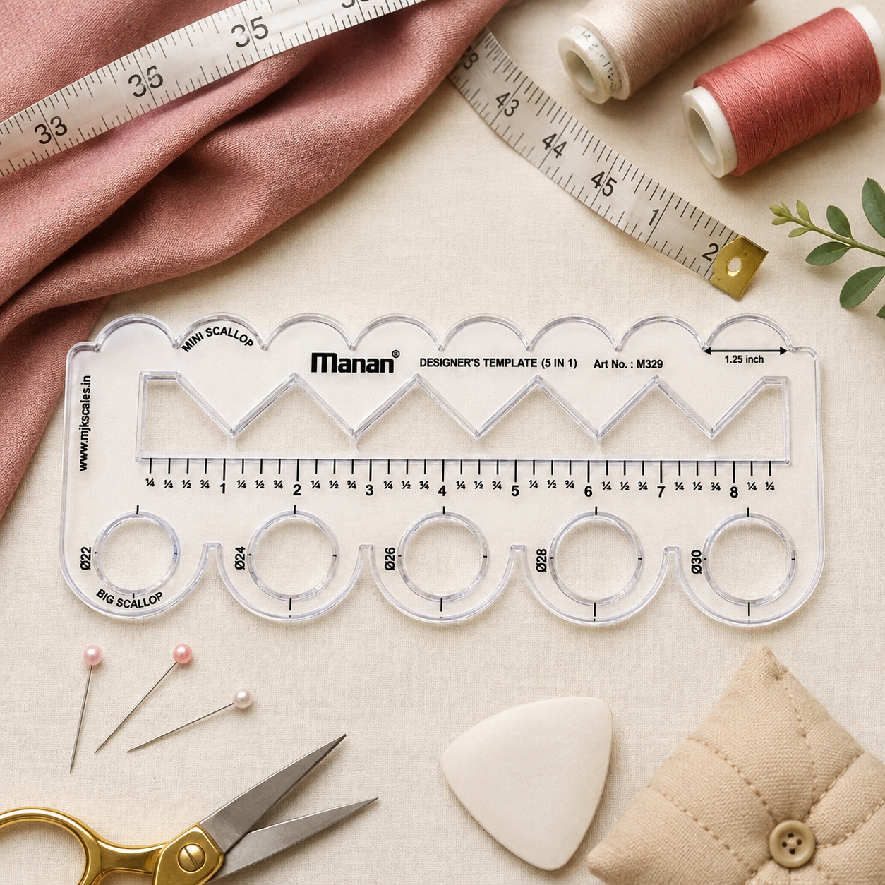 Manan Designer’s Template 5-in-1 –  M329 Scallop Scale, Zigzag Ruler & Pattern Drafting Tool