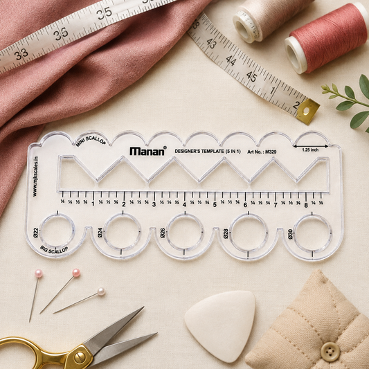 Manan Designer’s Template 5-in-1 –  M329 Scallop Scale, Zigzag Ruler & Pattern Drafting Tool