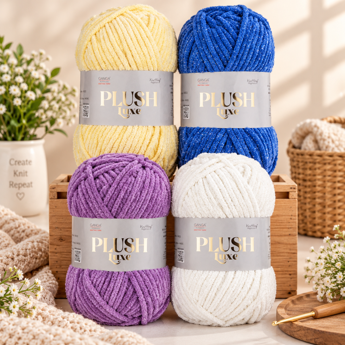 GANGA Plush Luxe Yarn – Luxurious Chenille Yarn for Crochet & Knitting with Glitter