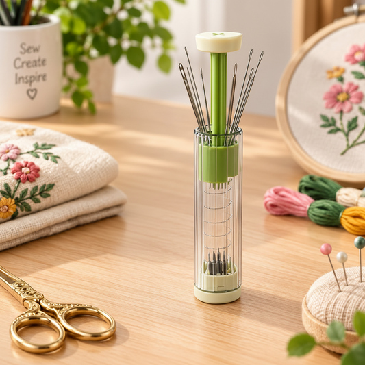 Two clear cylindrical sewing needle holders with green and pink centers, displayed on a wooden table surrounded by embroidery, scissors, thread, and a pincushion.